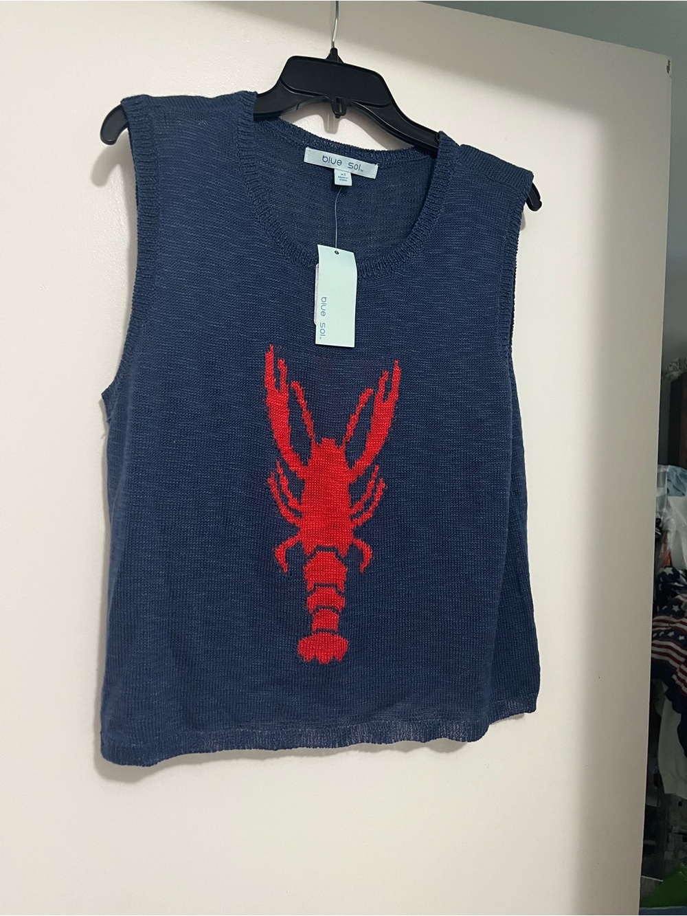 Blue Sleeveless Knit Tank with Red Lobster Motif by Blue Sol
